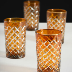 4.5in Tall Amber Cut Glass Squares Votive Holder, Set of 4